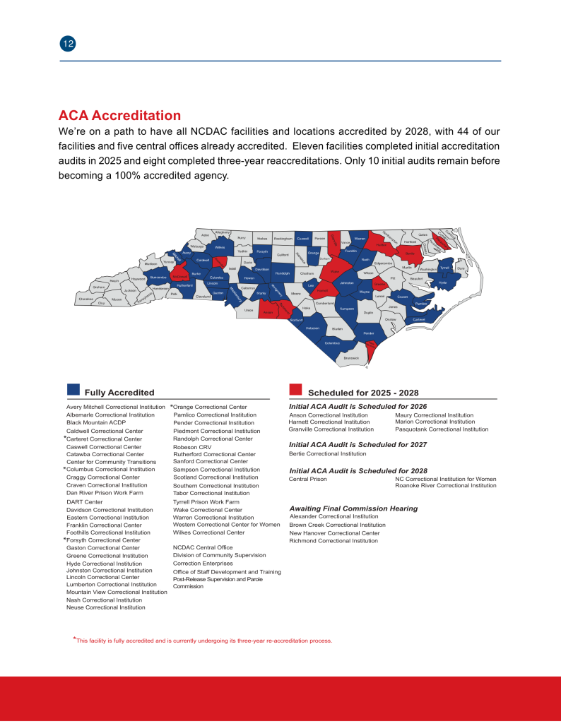Map of North Carolina showing scheduled and fully accredited ACA facilities