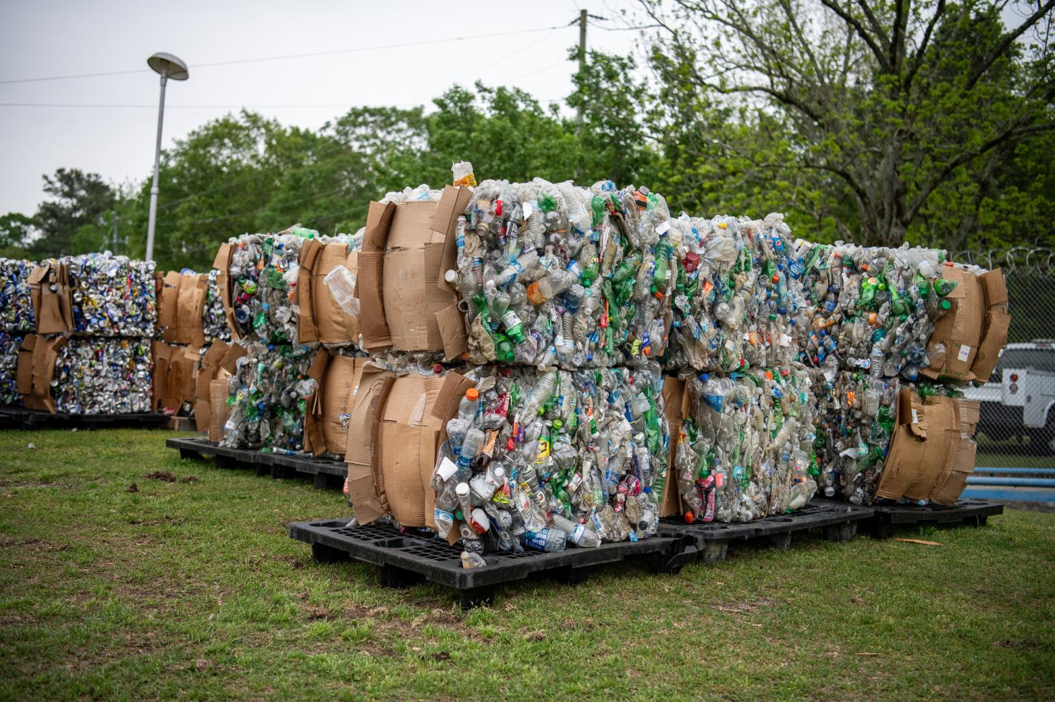 Bales of crushed plastic bottles for recycling