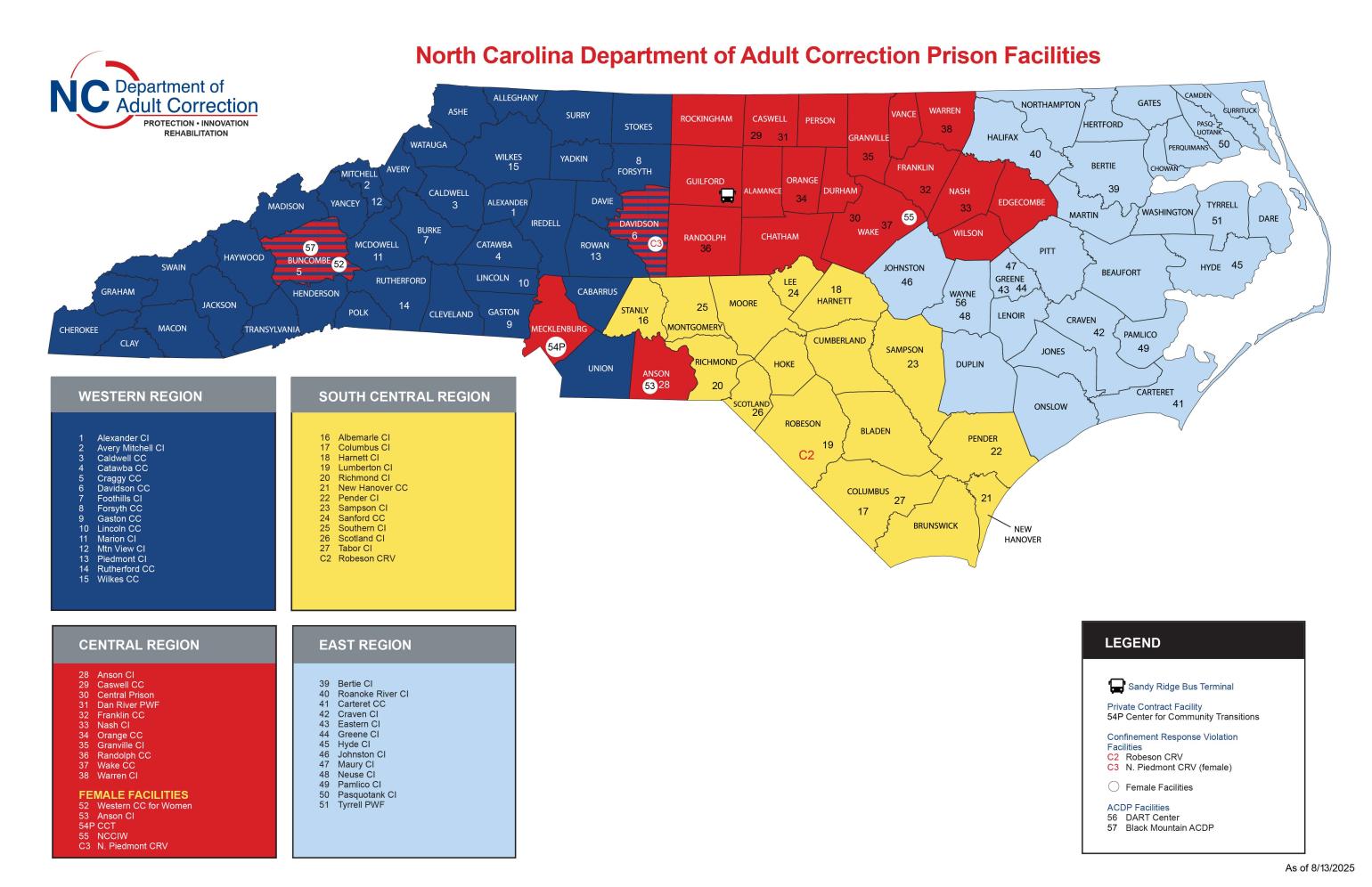 Map of North Carolina Department of Adult Correction Prison Facilities showing color-coded regions and facility locations
