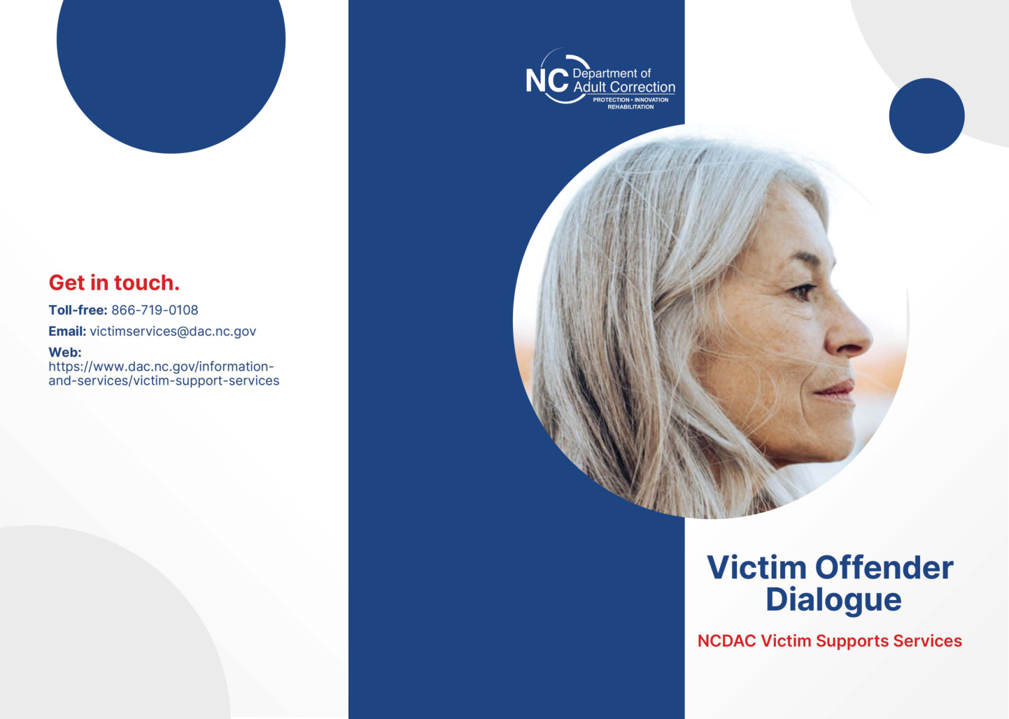 Brochure cover for Victim Offender Dialogue featuring a photo of an older woman and the NC Department of Adult Correction logo