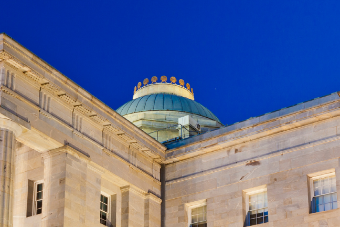 The roof of the NC Capitol at night