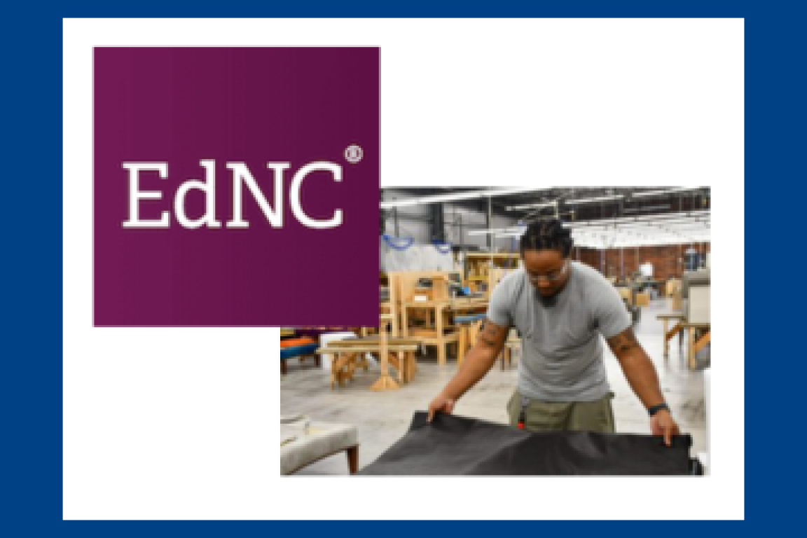 EdNC text with photo of man cutting furniture fabric