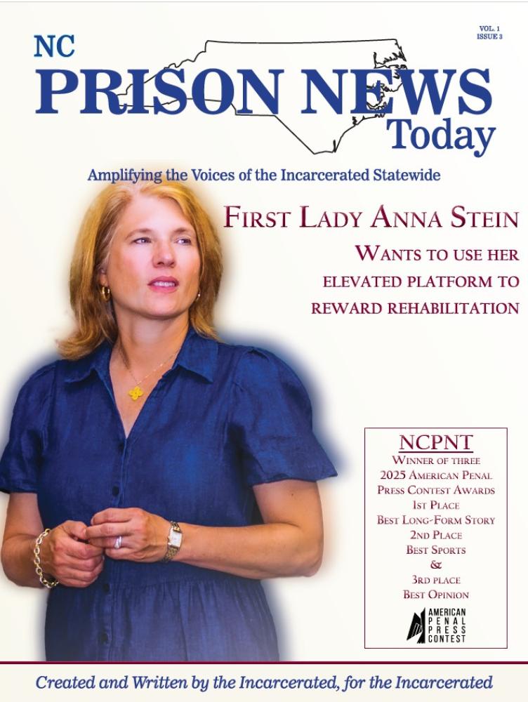 Cover of NC Prison News Today with photo of First Lady stein in a blue dress