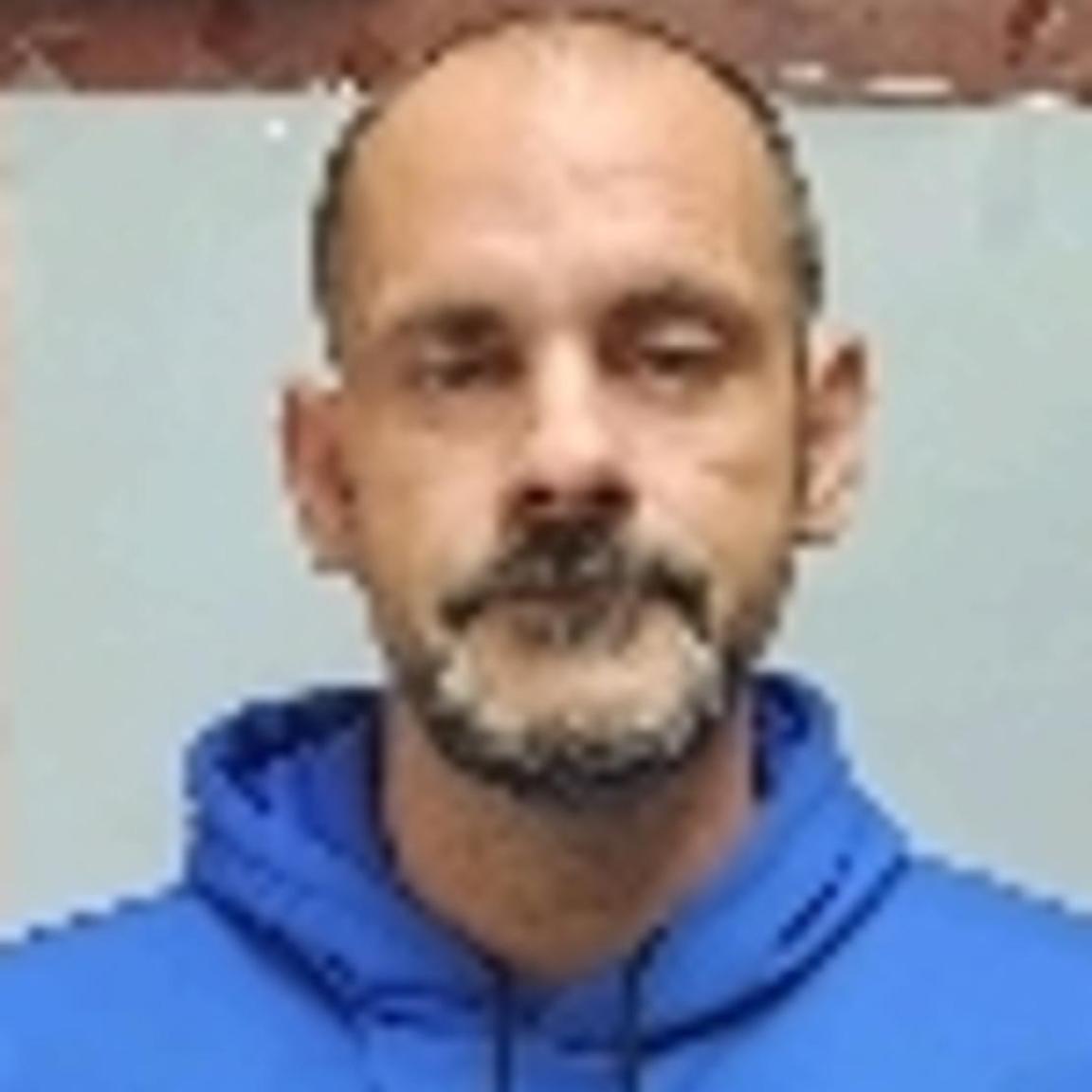 very grainy photos of mostly bald man with blue hoodie. White, with greying beard and mustache