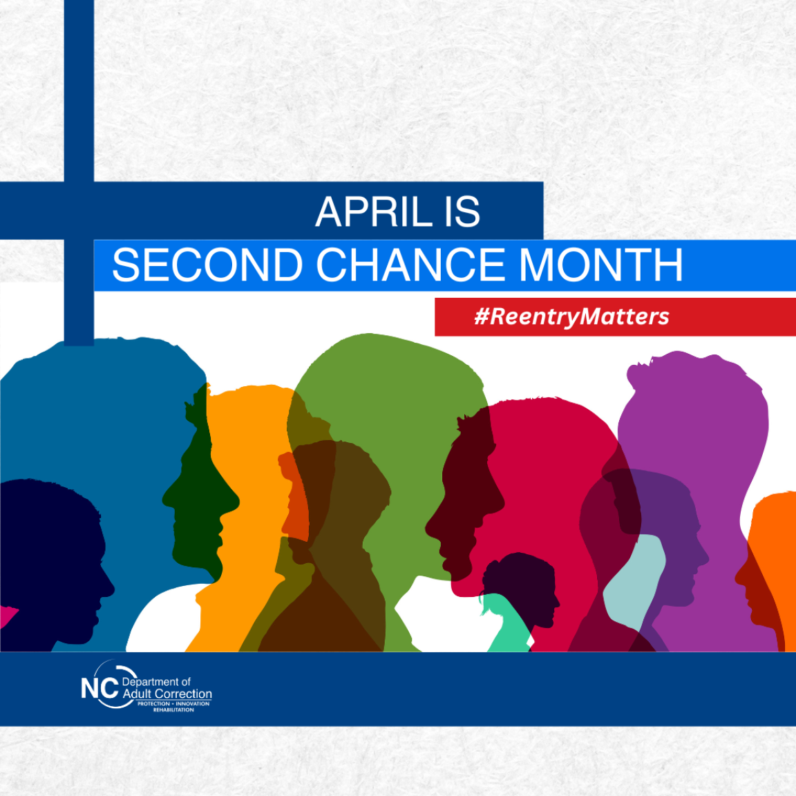 outlines of figures in various colors with the words April is Second Chance Month at the top