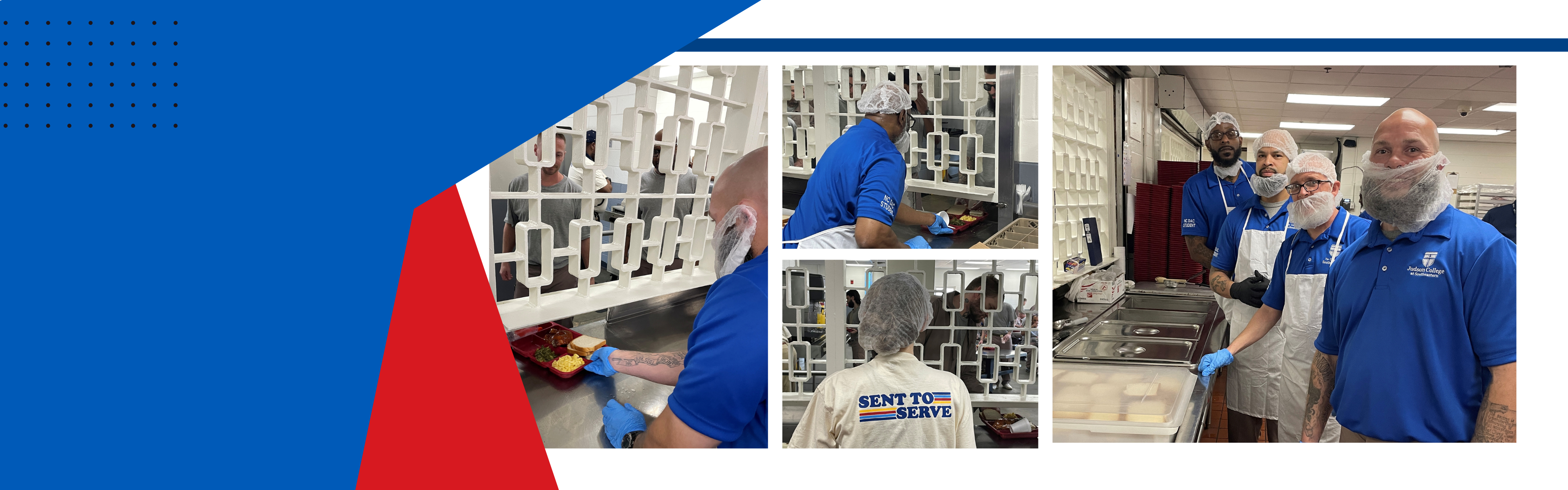 collage of photos - men serving inmates lunch, preparing trays with BBQ, corn greens and bread.