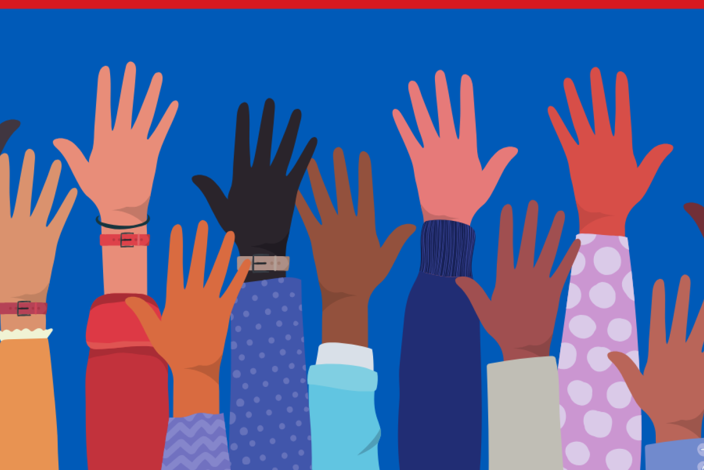 a graphic of hands raised on blue background