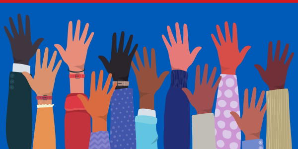 a graphic of hands raised on blue background
