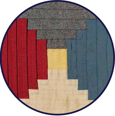 Log cabin quilt- red/blue/gray squares