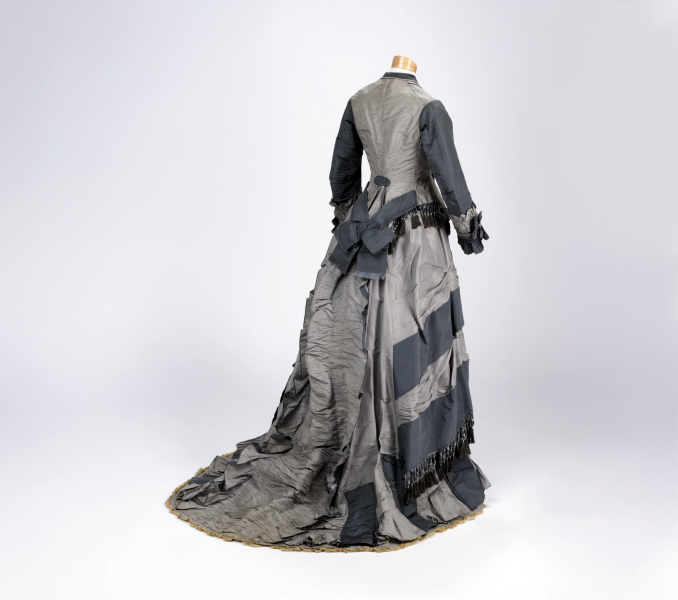 Long bustled grey dress belonging to Nancy Grimes Haywood