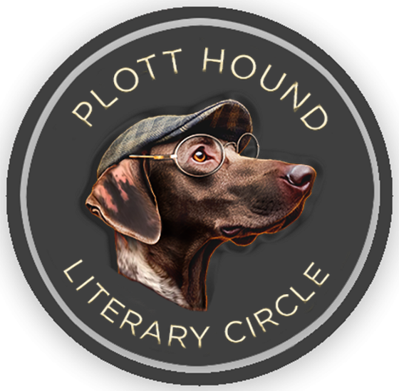 A circular logo for the "Plott Hound Literary Circle" featuring a brown dog wearing a plaid flat cap and wire-rimmed glasses, set against a dark gray background with gold lettering.
