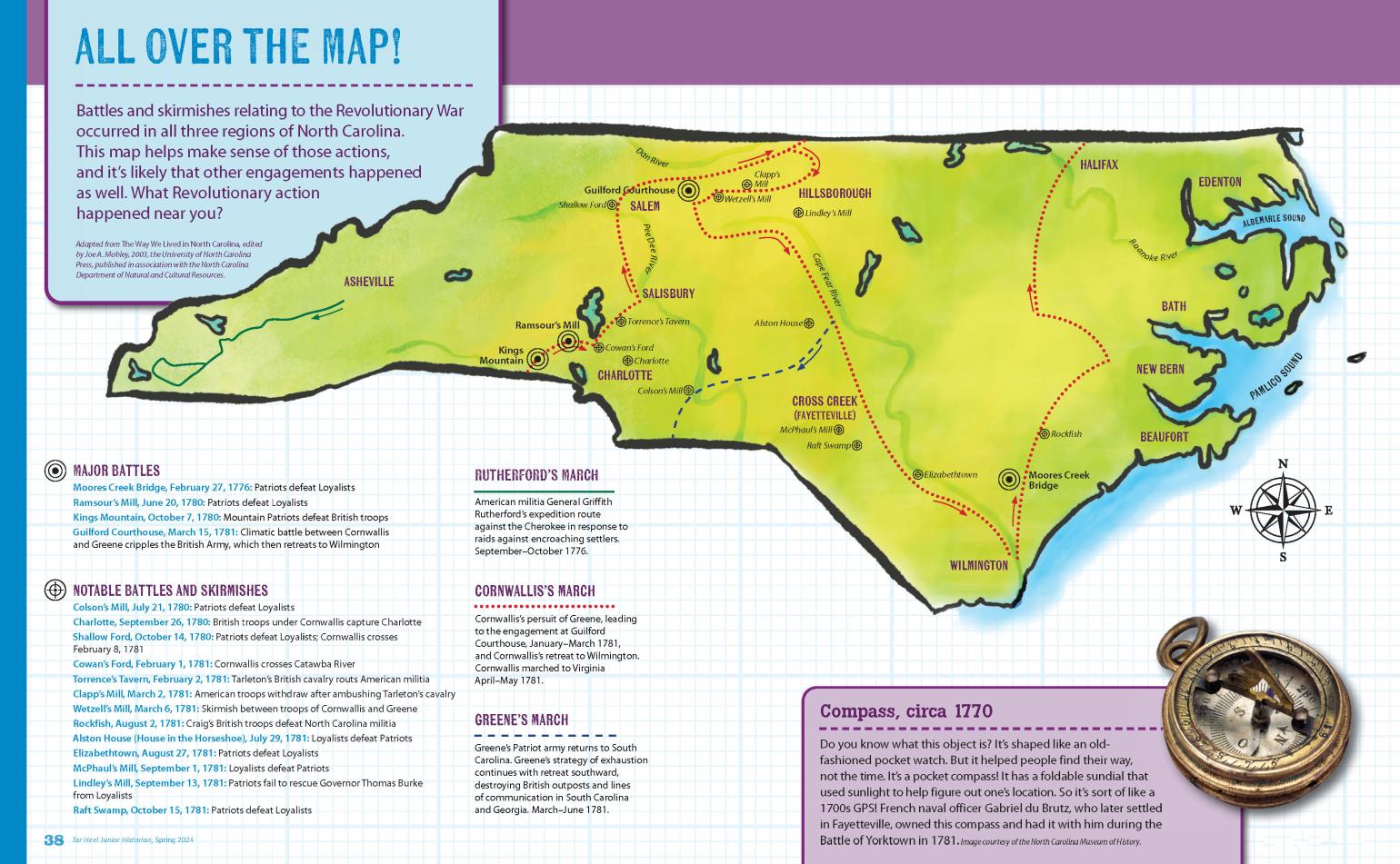 An educational poster titled "All Over the Map!" featuring an illustrated map of Revolutionary War battles, skirmishes, and military marches across North Carolina, alongside an image of a 1770 pocket compass.