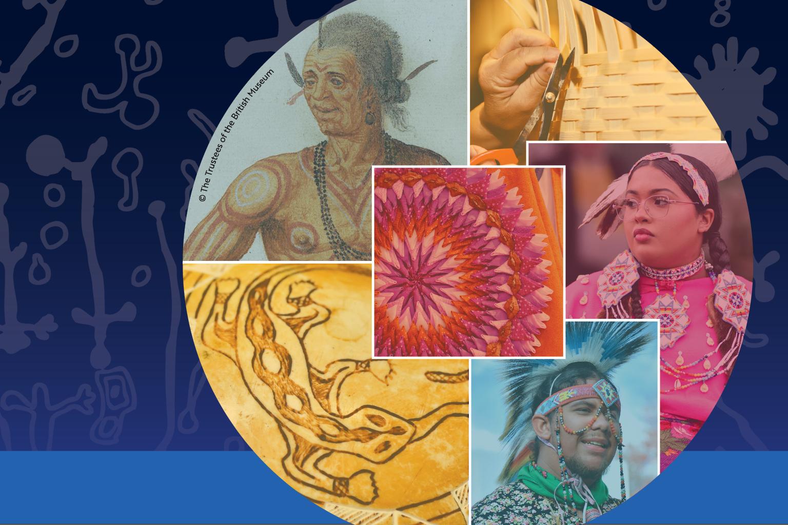 Collage highlighting Indigenous art, basketry, clothing and cultural traditions.
