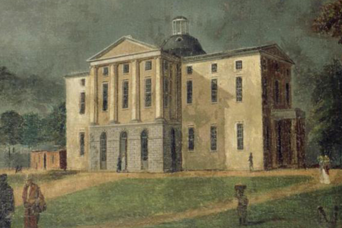 Painting of the North Carolina State Capitol and people walking on the grounds.