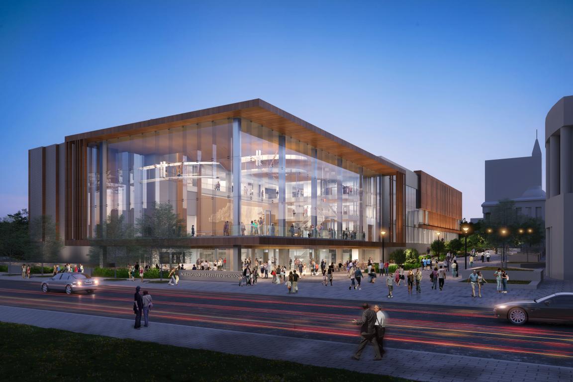 An artist’s rendering of the modern, glass-fronted North Carolina Museum of History at twilight, bustling with people and glowing from within against a city skyline.