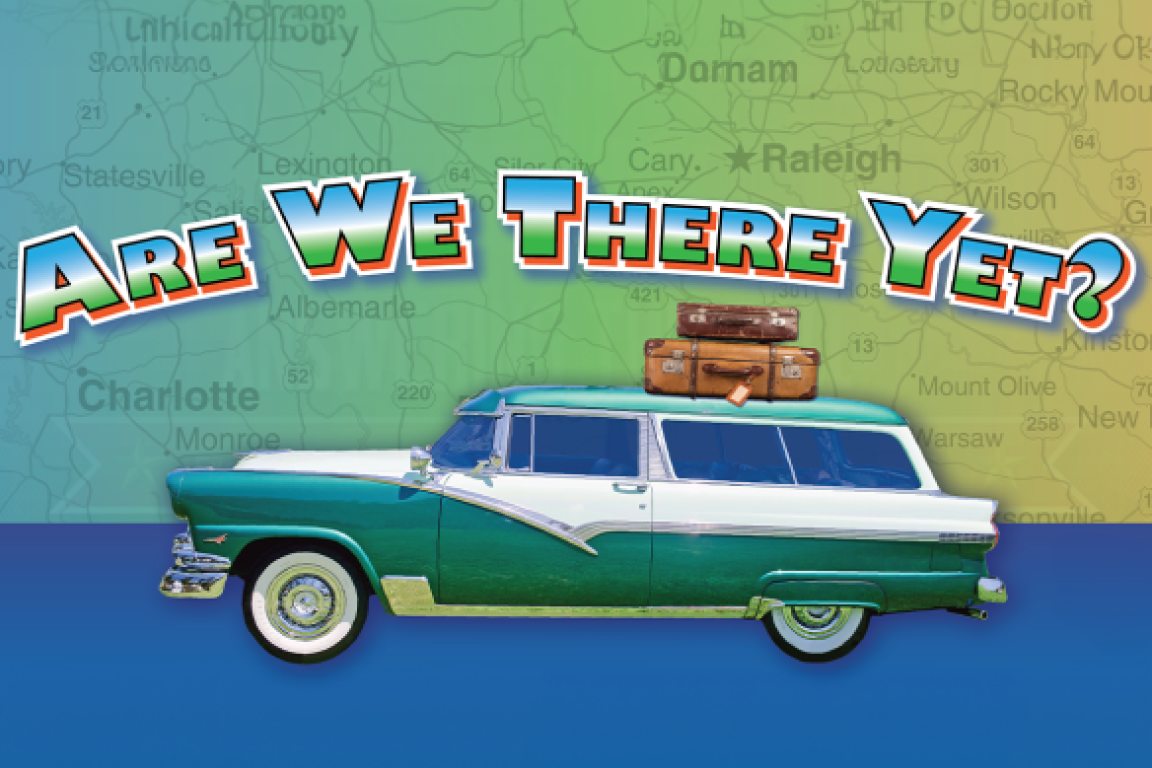 A 1950's style station wagon is loaded down with luggage. The graphic's background is a stylized roadmap pf North Carolina.