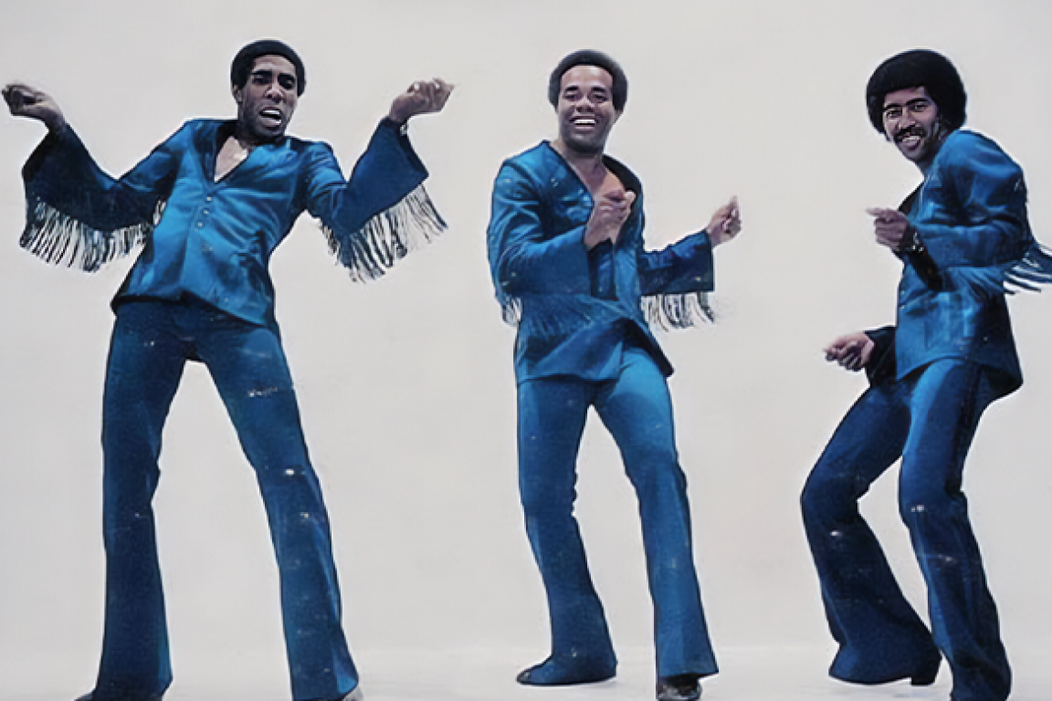 Three men of color in stylish 70's era jumpsuits dancing.