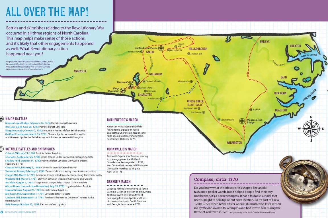 An educational poster titled "All Over the Map!" featuring an illustrated map of Revolutionary War battles, skirmishes, and military marches across North Carolina, alongside an image of a 1770 pocket compass.