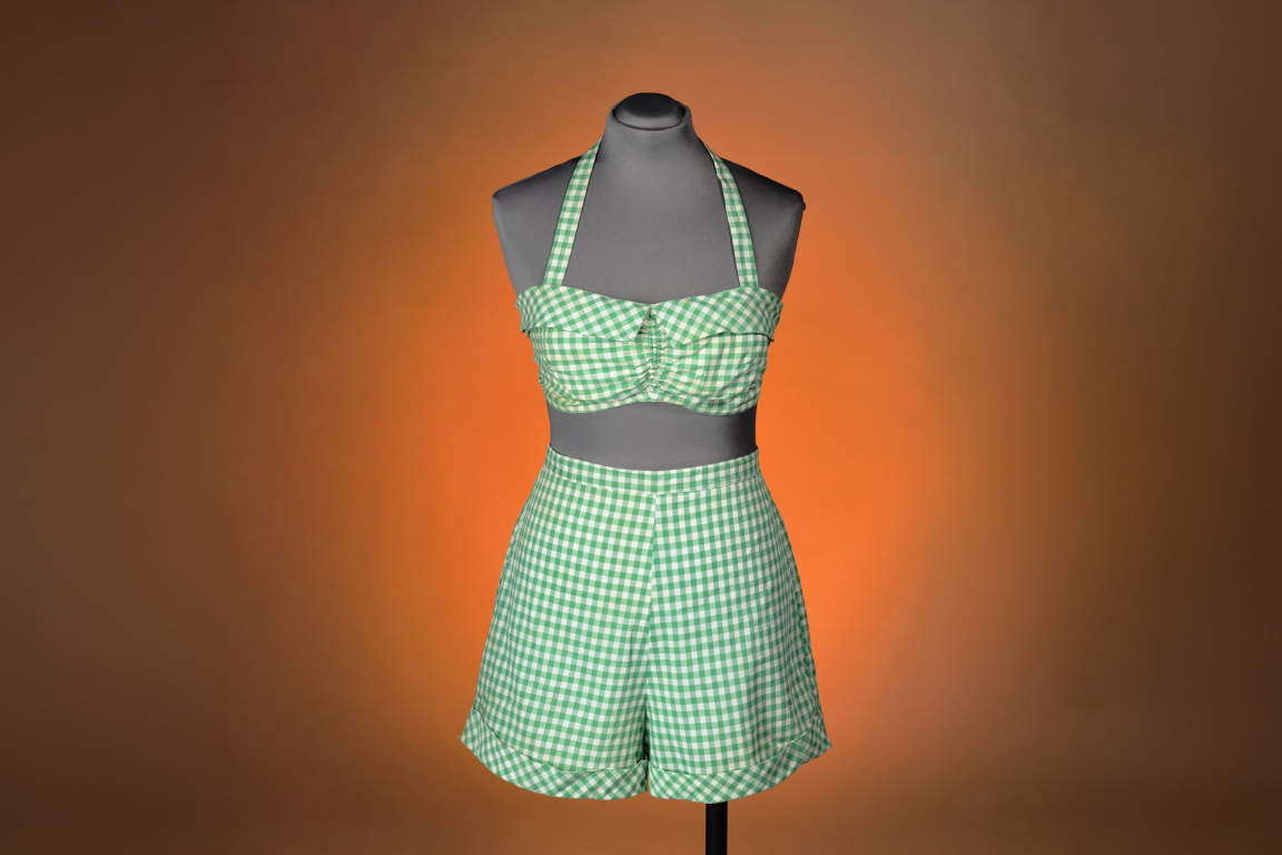 Alma Blanchard Plyler (1909–1990) wore this swimsuit while vacationing with her family at Atlantic Beach in the early 1950s.