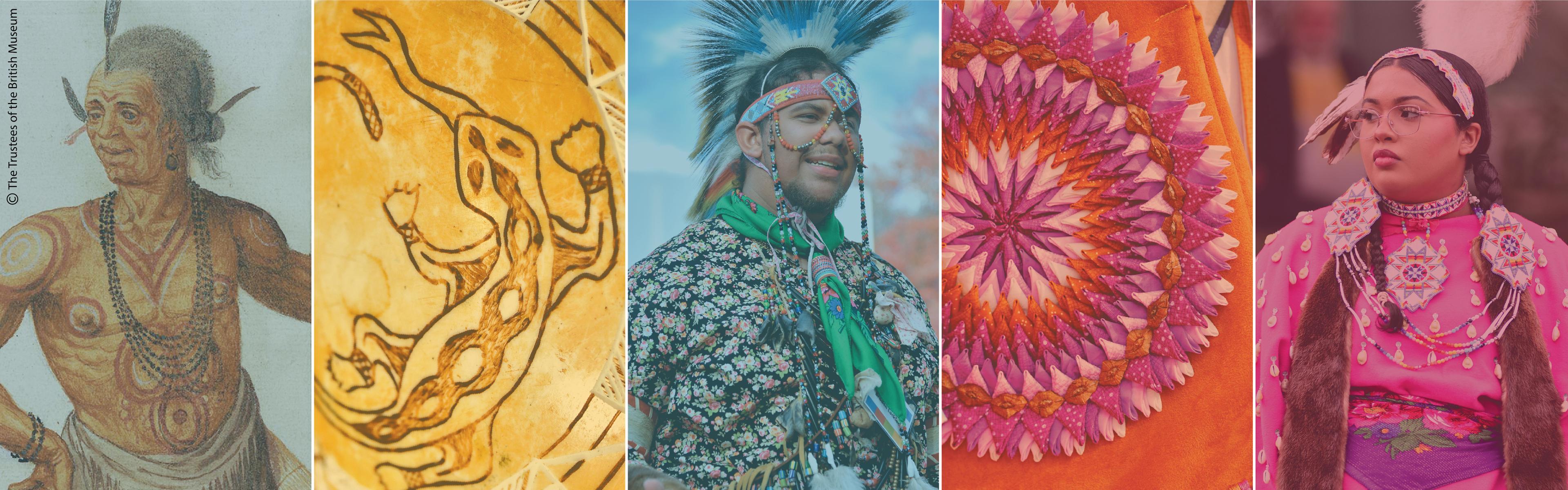 A collage of four panels shows Indigenous artwork featuring a stylized lizard, a person wearing traditional regalia, a vibrant circular floral pattern, and another person in traditional attire.