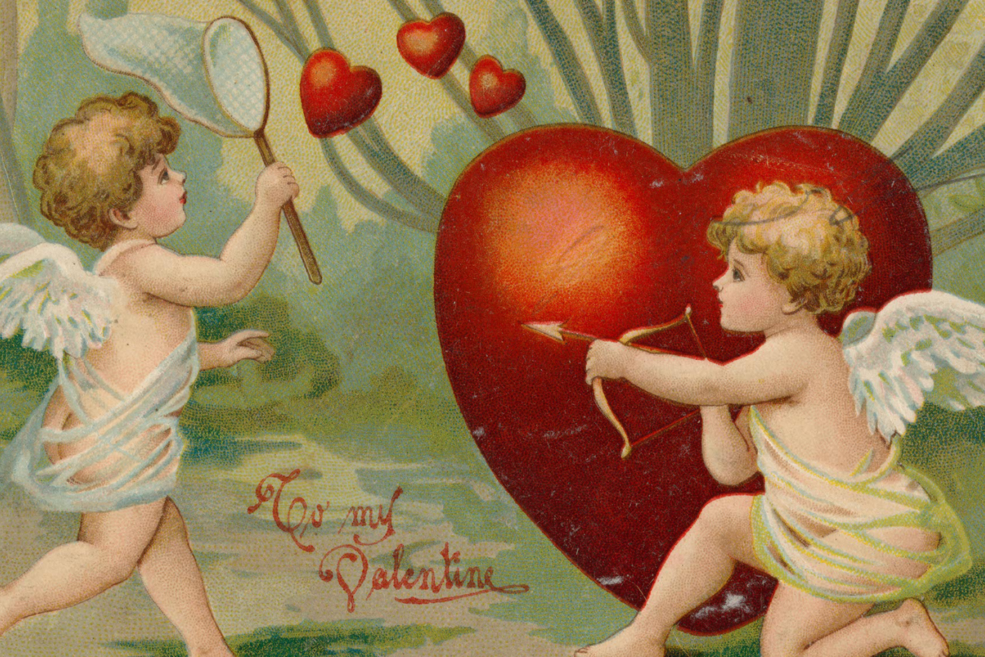 Two cupids with decorative hearts