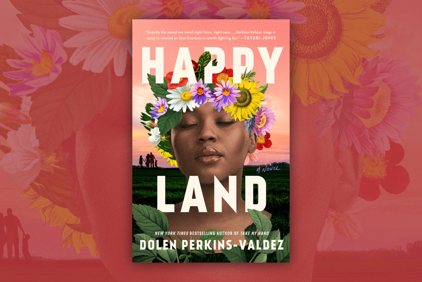 Book cover of Happy Land showing a Black woman with a flower crown against a red field.