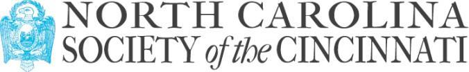 A horizontal banner logo on a white background. On the left, there is a detailed, light-blue illustration of a double-headed eagle with spread wings and a central shield, resembling a historical crest. To the right of the crest, the text is arranged in three lines. The first two lines are in a dark grey serif font, reading "NORTH CAROLINA" above "SOCIETY". The final line is below "SOCIETY" and to the right, in a smaller, lighter grey script, reading "of the CINCINNATI".