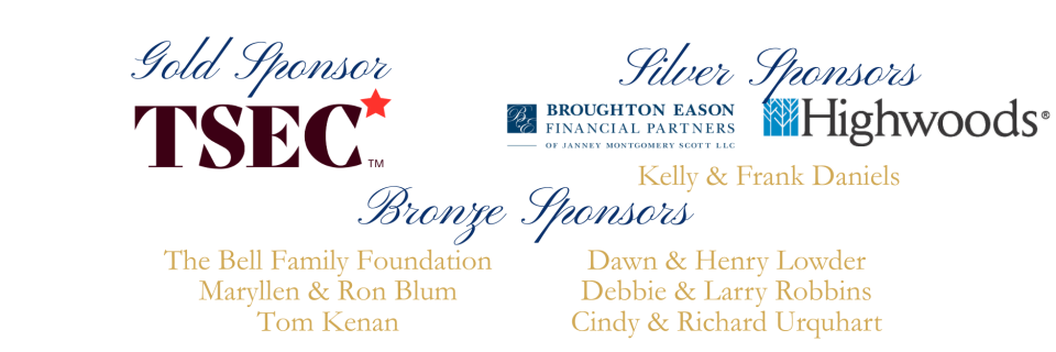 A promotional image listing sponsors in three categories on a white background. Under "Gold Sponsor" (blue script) is the maroon and red "TSEC*" logo. Under "Silver Sponsors" (blue script) is the blue leaf and black "Highwoods" logo, with the text "Kelly & Frank Daniels" (beige) below. Grouped below under "Bronze Sponsors" (blue script) are two columns of text in beige font, listing "The Bell Family Foundation, Maryllen & Ron Blum, Tom Kenan," and "Dawn & Henry Lowder, Debbie & Larry Robbins, Cindy & Richar