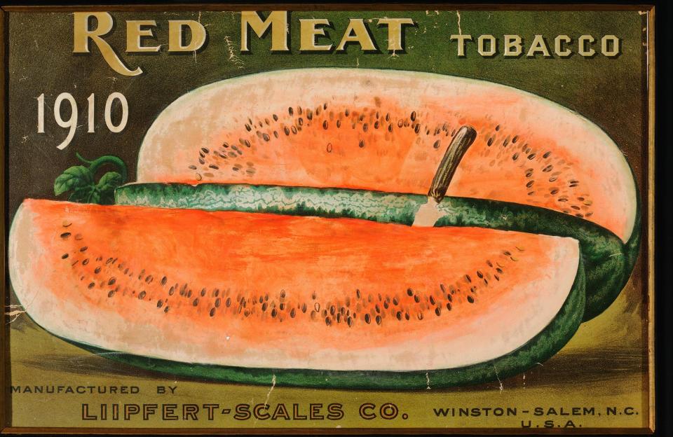 Red Meat Tobacco is inscribed on this postcard from 1910. It is an advertisement for the Liipfert-Scales Company, a tobacco manufacturer out of Winston-Salem. 