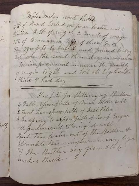 A handwritten page from an old recipe book. The writing is in cursive and features a recipe for pickled watermelon rinds.