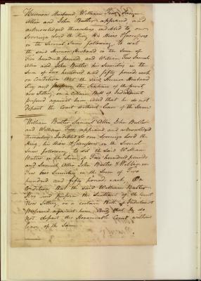 Minutes from the Hillsborough Superior Court District from 1768 noting the indictment and the posting of bond for two Regulators, Herman Husband and William Butler, in the period leading up to the Hillsborough riot in September 1770. Courtesy the State Archives of North Carolina.