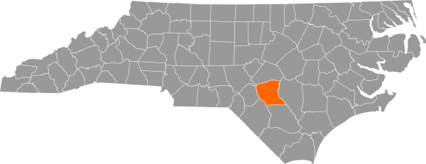 A gray map of North Carolina with Cumberland County filled in with orange.