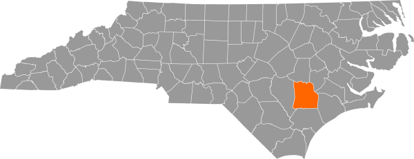 A gray map of North Carolina with Duplin County filled in with orange.