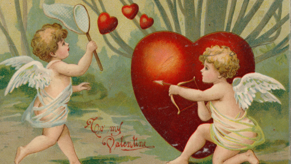 Two cupids with decorative hearts