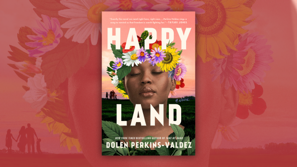 Book cover of Happy Land showing a Black woman with a flower crown against a red field.
