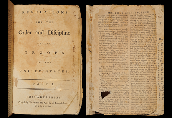 An aged title page of a book titled Regulations for The Order and Discipline of The Troops of The United States.
