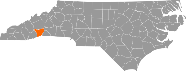 A gray map of North Carolina with Henderson County filled in with orange.