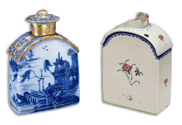 Blue and white porcelain bottle with a gold-accented lid, decorated with a landscape scene featuring trees, water, and a building.