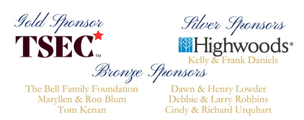 A promotional image listing sponsors in three categories on a white background. Under "Gold Sponsor" (blue script) is the maroon and red "TSEC*" logo. Under "Silver Sponsors" (blue script) is the blue leaf and black "Highwoods" logo, with the text "Kelly & Frank Daniels" (beige) below. Grouped below under "Bronze Sponsors" (blue script) are two columns of text in beige font, listing "The Bell Family Foundation, Maryllen & Ron Blum, Tom Kenan," and "Dawn & Henry Lowder, Debbie & Larry Robbins, Cindy & Richar