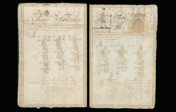 Handwritten 18th-century "cipher book" pages featuring ornate calligraphy and mathematical long division.