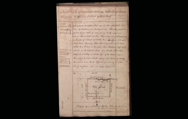 A handwritten 1773 survey record for Henry Eustace McCulloh detailing a 200-acre land tract in Rowan County, North Carolina, featuring descriptive cursive text and a hand-drawn plot map.