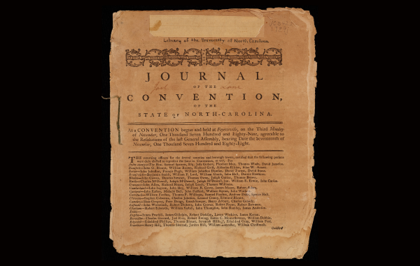 An aged title page from the 1789 **Journal of the Convention of the State of North-Carolina**, featuring a list of elected officers from various counties.
