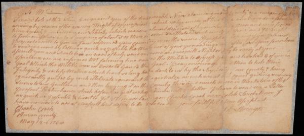 The cursive text, written on aged paper with visible vertical fold lines, discusses the "growing Weight of oppression" and mentions the formation of a company of about 500 men.