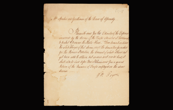 A handwritten letter from Governor William Tryon to the House of Assembly regarding military expenses.