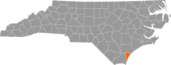 A gray map of North Carolina with New Hanover County filled in with orange.