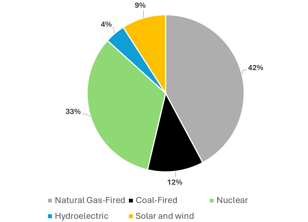 Pie Chart of Sources of Electricity in NC from February 2025. The sources represented on the chart are Natural Gas-Fired (42%), Coal (12%), Nuclear (33%), Hydroelectric (4%) and Solar and wind power(9%).