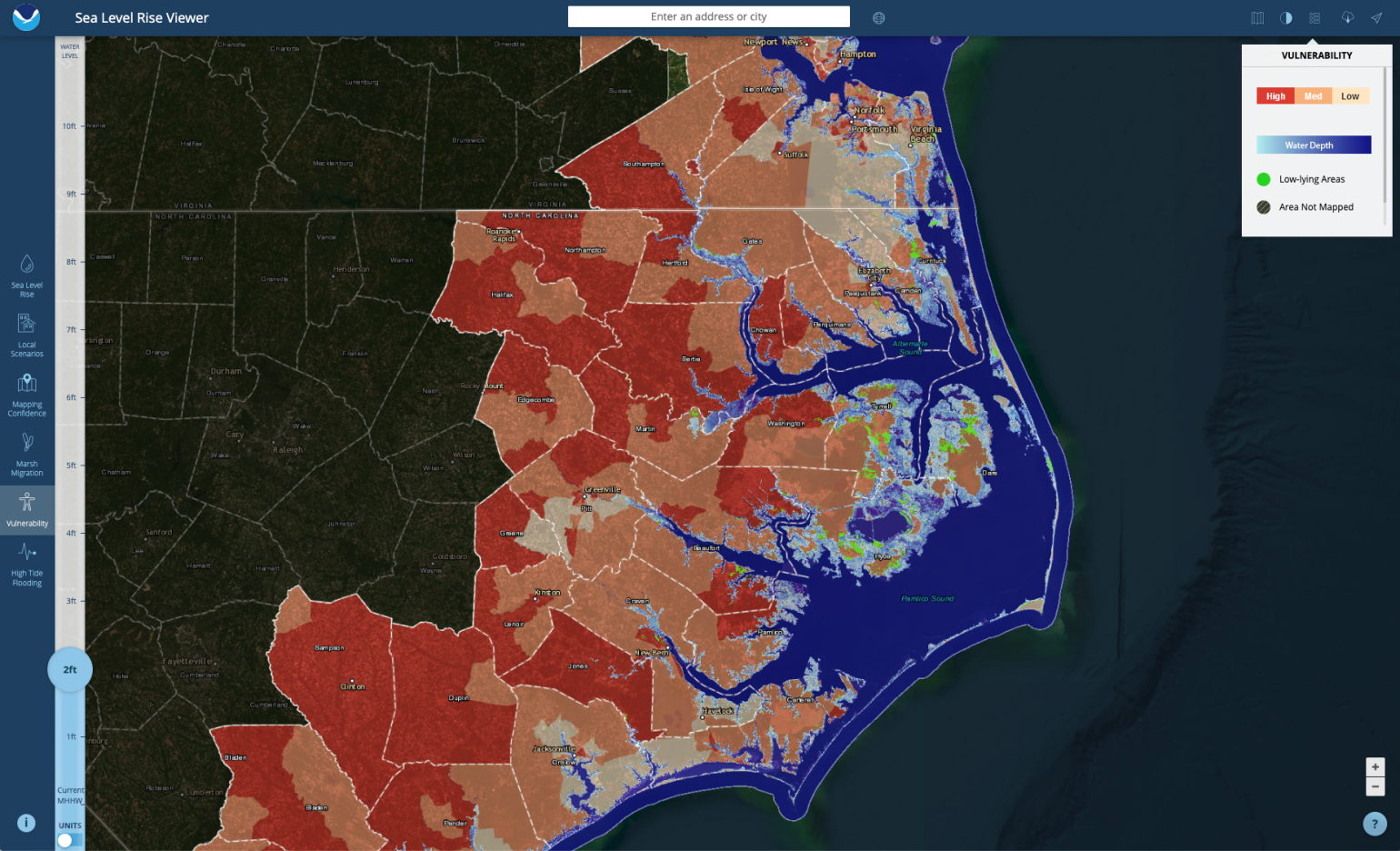 Map of two-foot coastal sea level rise in Albemarle-Pamlico region