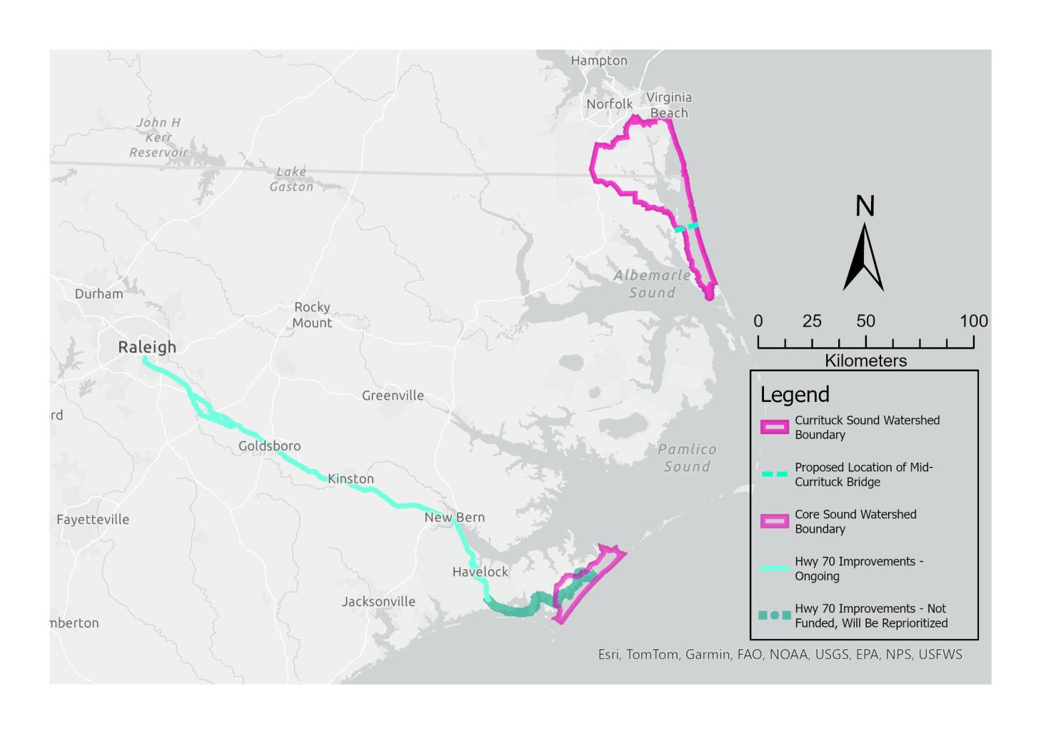 A map of coastal North Carolina with pink polygons around the study areas in Core and Currituck Sounds.