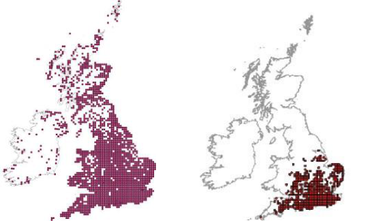 Maps of UK representing range and distribution