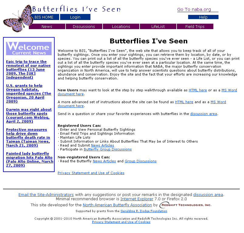 Screenshot of North American Butterfly Association website and Butterflies I